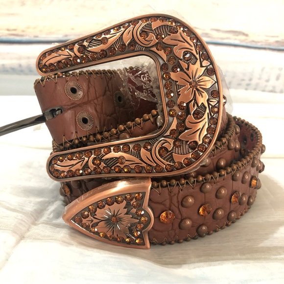 Accessories - Womens Western Leather Belt Buckle Studded Cowgirl Brown Size Large